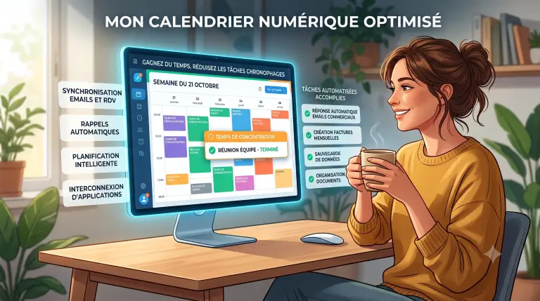 Une illustration moderne d'un calendrier numérique interconnecté avec des tâches automatisées, ou une personne détendue prenant un café devant son écran