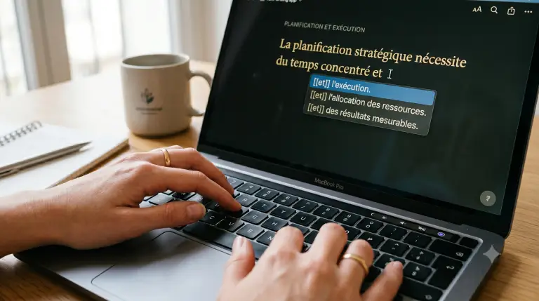 gros plan de mains tapant sur un clavier d'ordinateur portable, avec des suggestions de texte
