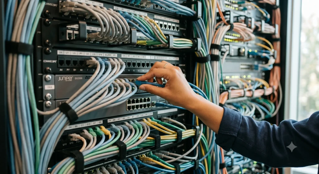câbles réseau proprement agencés dans un datacenter.