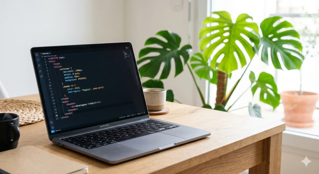 ordinateur portable ouvert dans un espace de travail lumineux et épuré