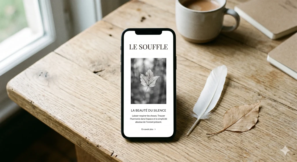 Un smartphone posé sur une table en bois ou l'écran affiche un site web au design extrêmement minimaliste, avec beaucoup d'espaces blancs, une typographie élégante et une seule image.